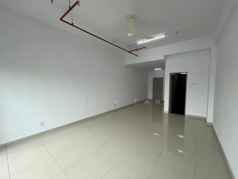 Room features: white painted walls, polished ceramic tile flooring, ceiling fan, exposed red piping, recessed lighting, open layout, large windows, no visible furniture; style: modern.