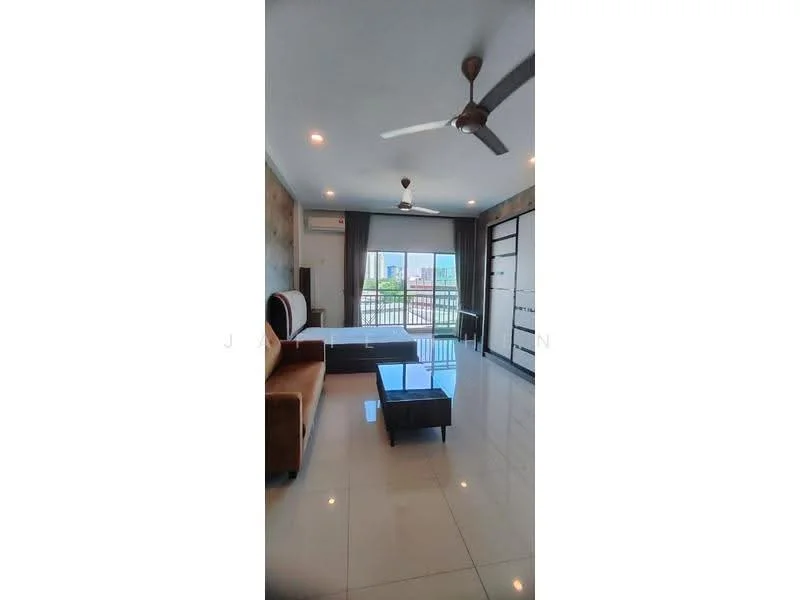 Living features: white painted walls, grey accent wall, glossy tile flooring, 5-blade ceiling fan with light, recessed downlights, sofa in brown fabric, glass coffee table, floor-to-ceiling windows, sliding glass door, curtains, view of city skyline; style: modern; view: city.