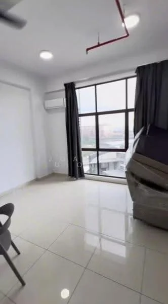 Room features: white painted walls, glossy ceramic tile flooring, floor-to-ceiling window, blackout curtains, 1 wall-mounted split AC, ceiling fan, recessed downlights, corner sofa, chair, visible city view; style: modern; view: city.