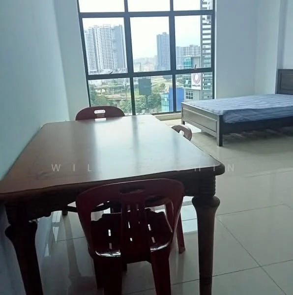 Room features: large floor-to-ceiling window, city view, white painted walls, glossy ceramic tile flooring, wooden bed frame, mattress on bed, wooden dining table, red plastic dining chairs; style: modern; view: city.