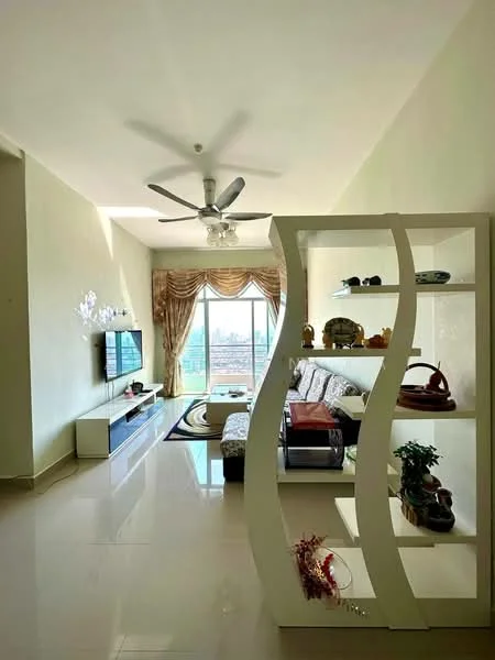 Living features: 5-blade ceiling fan with light, wall-mounted TV, white TV console, sofa with patterned upholstery, area rug, decorative shelving unit, curtains with valance, large window with city view, polished tile flooring, decorative wall art; style: modern; view: city.