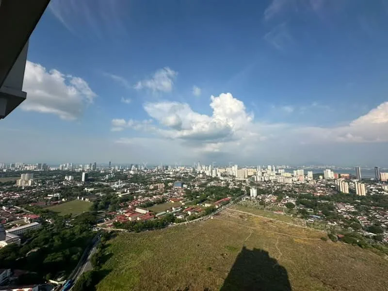 Exterior type: high-rise condominium; features: city skyline view, surrounded by greenery, urban landscape, clear blue sky, clouds, mixed-use development, high-rise buildings, low-rise residential areas; style: modern.