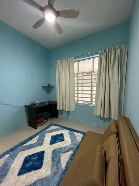 Room features: blue painted walls, light-colored flooring, ceiling fan, curtains, window with grid design, shelf unit, sofa, area rug with geometric pattern; style: modern.