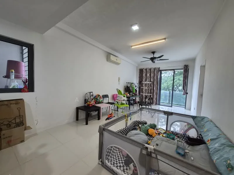 Living features: white painted walls, tile flooring, 5-blade ceiling fan with light, wall-mounted split AC, floor-to-ceiling windows, sliding glass door, curtains, sofa with colorful cushions, coffee table, playpen, decorative toys, greenery view from window; style: modern; view: garden.