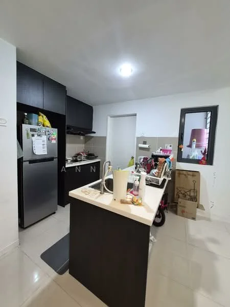Kitchen features: black cabinetry, white countertop, stainless-steel fridge, built-in oven, ceramic tile flooring, recessed ceiling light, sink with faucet, kitchen island, open shelving, wall-mounted cabinets; style: modern.