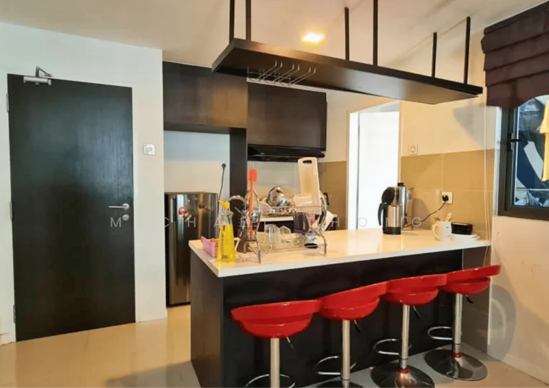 Kitchen features: black cabinetry, white marble countertop, stainless-steel fridge, stainless-steel sink, chrome pull-down faucet, bar seating with red stools, open shelving, kitchen island, wall-mounted cabinet, tile backsplash, recessed lighting, window with view, grey walls, flooring with glossy finish; style: modern.
