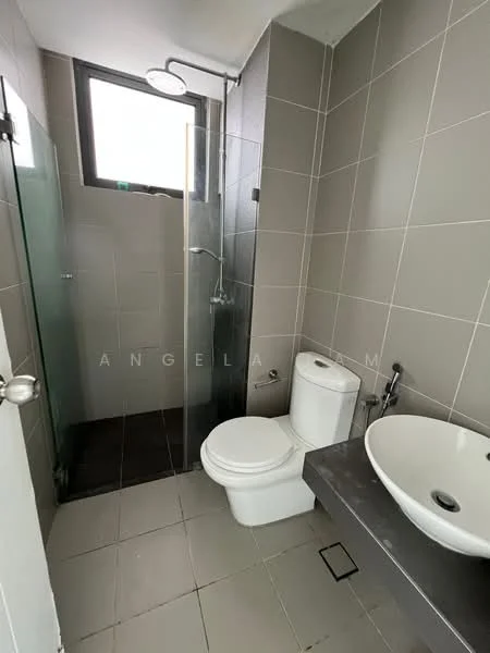 Bathroom features: walk-in shower with glass enclosure, rain shower head, handheld shower, one-piece toilet, single-sink vanity with stone countertop, chrome basin mixer, grey tiled walls, grey tiled flooring, window for natural light; style: modern.