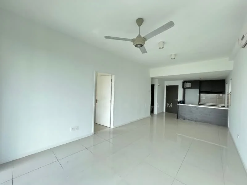 Living features: white painted walls, polished ceramic tile flooring, 5-blade ceiling fan, recessed downlights, open layout to kitchen, doorway leading to another room, large window for natural light, air conditioning unit; style: modern.