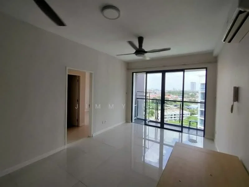 Living features: white painted walls, glossy tile flooring, 5-blade ceiling fan, floor-to-ceiling windows, sliding glass door, balcony access, air conditioning unit, natural light from windows; style: modern; view: garden. Room features: doorway leading to another room.
