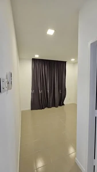 Room features: white painted walls, grey curtains, tile flooring, recessed LED downlights.