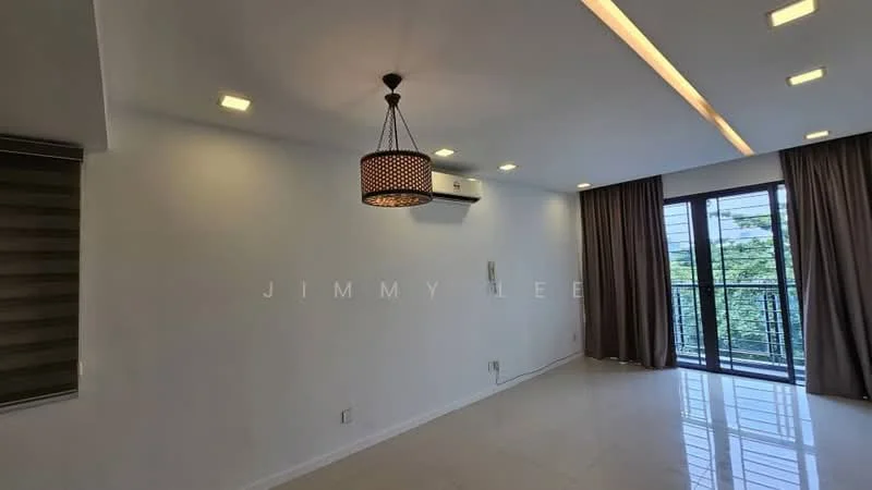 Living features: white painted walls, polished tile flooring, 5-blade ceiling fan with light, recessed LED downlights, large sliding glass door, floor-to-ceiling windows, dark brown curtains, decorative pendant light; style: modern; view: garden.