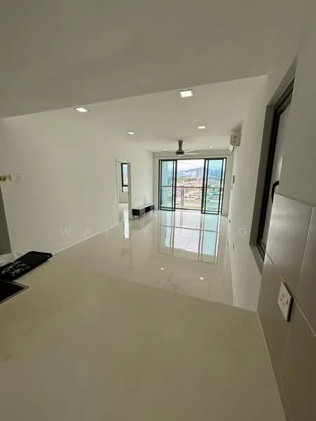 Room features: white painted walls, polished tile flooring, 5-blade ceiling fan, floor-to-ceiling windows, city view, recessed downlights, sliding glass door, open layout; style: modern; view: city.