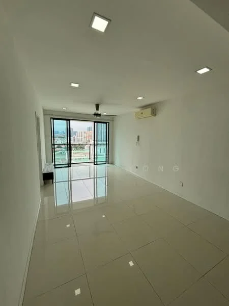 Living features: white painted walls, glossy ceramic tile flooring, recessed LED downlights, 5-blade ceiling fan, floor-to-ceiling windows, sliding glass door, air conditioning unit, city view; style: modern; view: city.