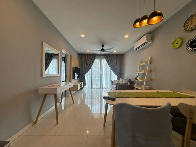 Living features: grey painted walls, white ceiling, recessed downlights, 5-blade ceiling fan, large floor-to-ceiling windows, curtains, white sideboard with legs, wall-mounted TV, wooden dining table, upholstered dining chairs, decorative wall clock, shelf unit, polished tile flooring; style: modern; view: city.