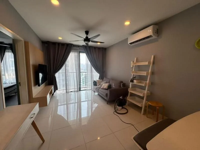 Living features: grey painted walls, white tiled flooring, 5-blade ceiling fan with light, floor-to-ceiling windows, sheer curtains, sofa in grey fabric, wall-mounted TV, TV console, wooden shelving unit, small round wooden stool, dining table, decorative items on shelves; style: modern; view: city.