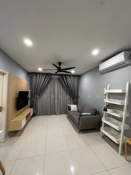 Living features: grey fabric sofa, 3-blade ceiling fan with light, wall-mounted TV, light wood TV console, white shelving unit, grey curtains, white tiled flooring, recessed ceiling lights, air conditioning unit; style: modern.