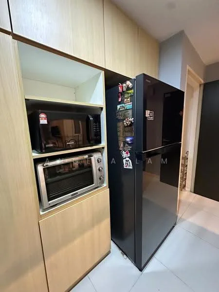 Kitchen features: built-in cabinetry with light wood finish, black refrigerator, microwave, built-in oven, white tiled flooring, neutral wall color, countertop space, magnetic fridge decor, recessed lighting; style: modern.