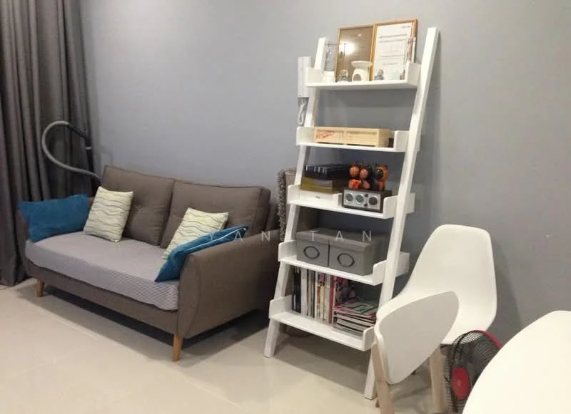 Living features: 3-seater fabric sofa in grey, striped throw pillows, white ladder shelf, decorative items on shelf, magazines on shelf, white chair, floor fan, grey painted walls, light-colored tile flooring, floor-to-ceiling curtains; style: modern.