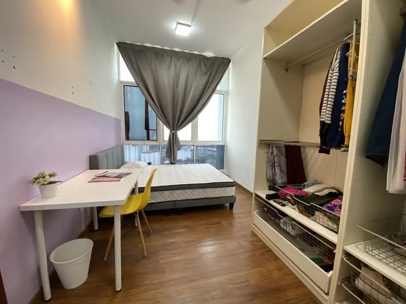Bedroom features: queen-size bed, grey upholstered headboard, white bedding, study desk with white surface, yellow chair, floor-to-ceiling window, curtains in grey, wood laminate flooring, built-in wardrobe with sliding doors, open shelving, hanging clothes, basket for storage; style: modern; view: city.