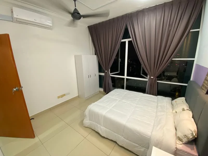 Bedroom features: queen-size bed with white bedding, upholstered headboard, floor-to-ceiling windows, dark purple curtains, white painted walls, light-colored tiled flooring, 1 wall-mounted split AC, built-in wardrobe with white doors, decorative pillows, nightstand beside bed, door leading to hallway; style: modern; view: city.