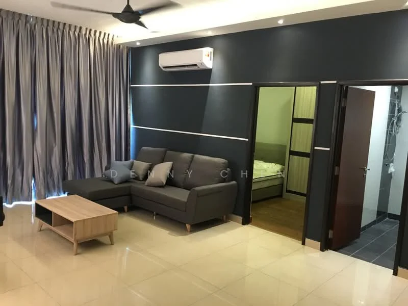 Living features: grey fabric sectional sofa, wooden coffee table, wall-mounted split AC, cream tiled flooring, dark blue accent wall, floor-to-ceiling curtains, recessed downlights, light wood door, doorway leading to bedroom, doorway leading to bathroom; style: modern. Room features: wooden flooring, bed visible through doorway.