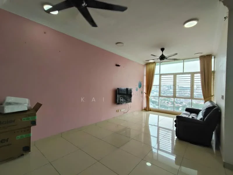 Living features: light pink painted walls, glossy ceramic tile flooring, floor-to-ceiling windows, city view, 2 ceiling fans, black leather sofa, TV mounted on wall, curtains, recessed downlights; style: modern.