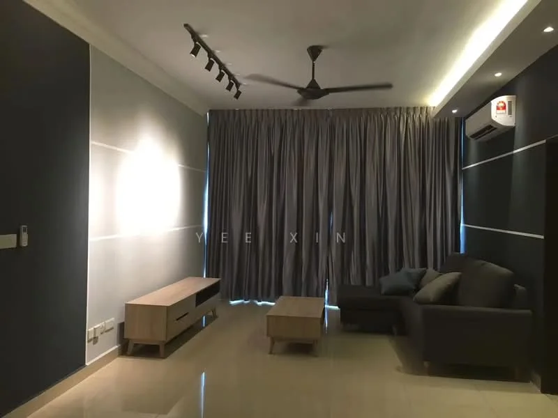 Living features: grey fabric sofa, wooden coffee table, wall-mounted TV console, recessed LED downlights, 5-blade ceiling fan, floor-to-ceiling curtains, cream painted walls, glossy tile flooring, wall-mounted air conditioning unit; style: modern.