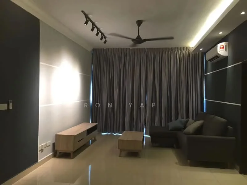 Living features: grey fabric sofa, wooden coffee table, wall-mounted TV console, recessed LED downlights, 5-blade ceiling fan, floor-to-ceiling curtains, cream painted walls, glossy tile flooring, wall-mounted air conditioning unit; style: modern.