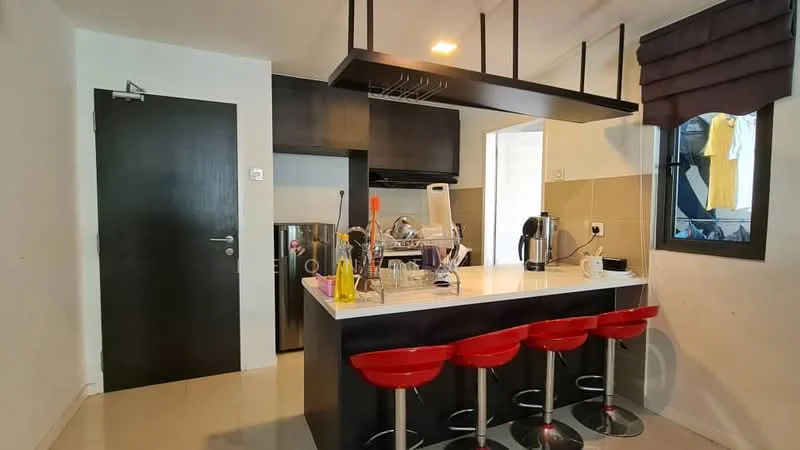 Kitchen features: black cabinetry, white marble countertop, stainless-steel sink, chrome pull-down faucet, built-in stove, refrigerator, microwave, kitchen island with seating, 3 red bar stools, tile backsplash, pendant lighting, window with blinds, cream-colored walls, polished tile flooring; style: modern.