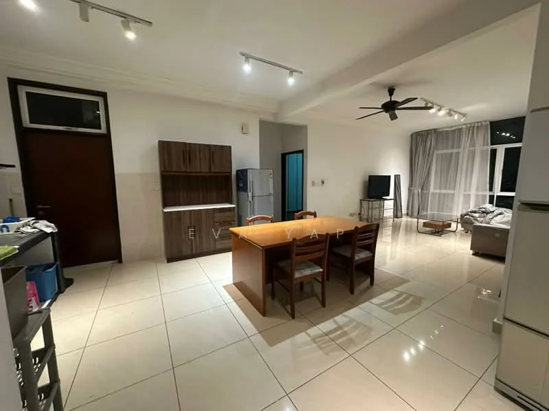 Living features: white painted walls, glossy tile flooring, 5-blade ceiling fan with light, dining table with 4 wooden chairs, kitchen cabinetry with wood finish, stainless-steel fridge, wall-mounted TV, floor-to-ceiling windows with sheer curtains, sofa, recessed downlights; style: modern; view: city.
