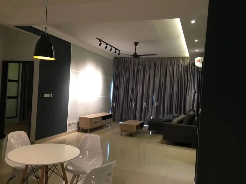 Living features: grey leather sofa, coffee table, TV console, wall-mounted TV, floor-to-ceiling curtains, recessed downlights, ceiling fan, cream tiled flooring, accent wall in dark grey, light grey wall, decorative wall sconce; style: modern. Dining features: round dining table, transparent plastic dining chairs; style: modern.