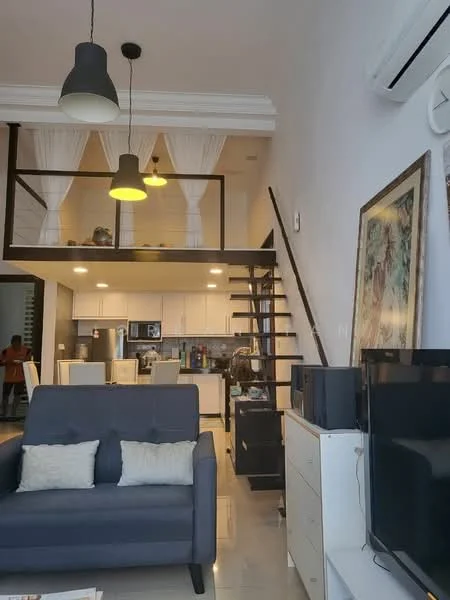 Living features: grey fabric sofa, white coffee table, wall-mounted TV, white console cabinet, recessed downlights, 2 pendant lights, air conditioning unit, open staircase leading to upper level, decorative artwork, cream painted walls, marble flooring; style: modern. Kitchen features: white cabinetry, stainless-steel appliances, kitchen island, open-plan layout, countertop with bar seating; style: modern.
