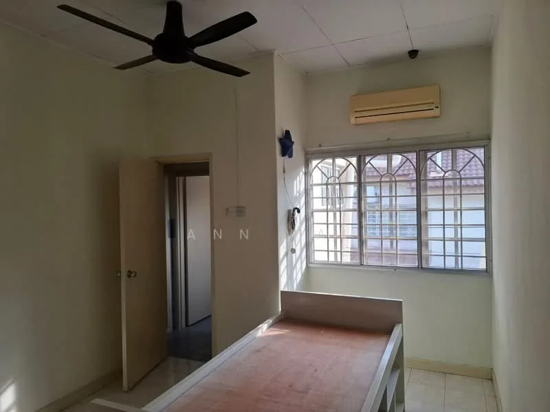 Bedroom features: white painted walls, ceiling fan, window with metal grille, light-colored tiled flooring, built-in wardrobe, air conditioning unit, single bed frame, door leading to hallway.