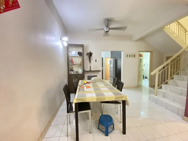 Dining features: dining table with checkered tablecloth, black dining chairs, ceiling fan, white tiled flooring, painted walls in light color, display cabinet, staircase in background, open layout to kitchen, wall-mounted lighting; style: modern. Room features: white walls, light from adjacent room, staircase leading to upper floor.