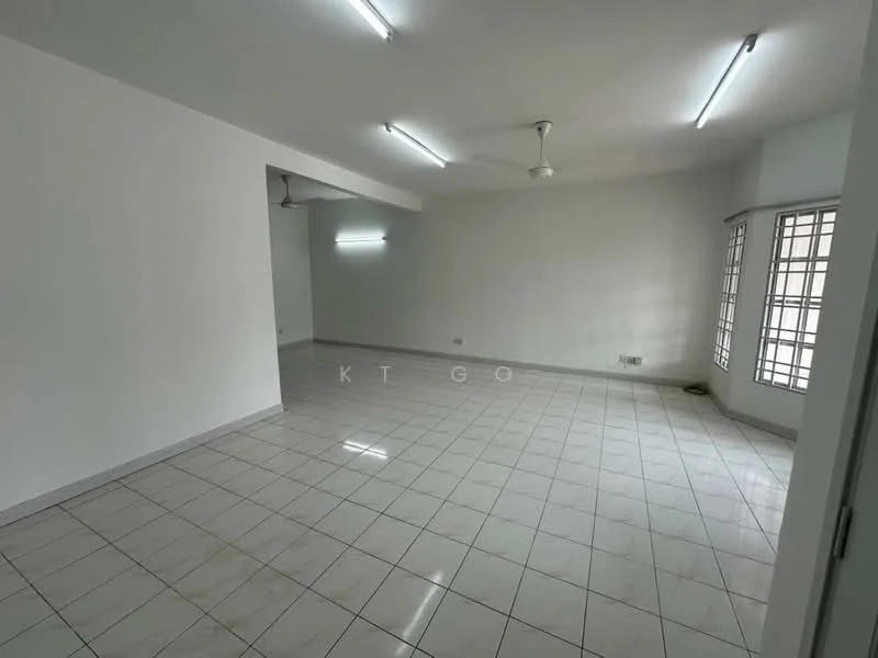 Room features: white painted walls, glossy ceramic tile flooring, fluorescent ceiling lights, 2 ceiling fans, large windows with grid pattern, open layout, neutral color scheme, no visible furniture; style: modern.