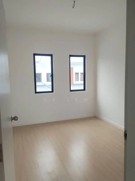 Room features: light wood flooring, white painted walls, 2 rectangular windows, no visible ceiling features, no visible furniture or decor; style: minimalist.