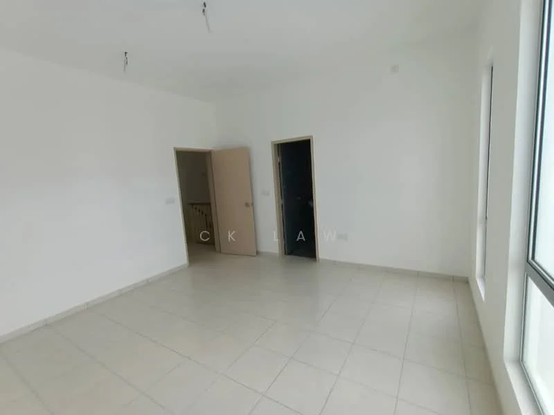 Room features: white painted walls, tile flooring, two doors, large windows, neutral color scheme, no visible furniture, ceiling lights, corner location; style: modern.