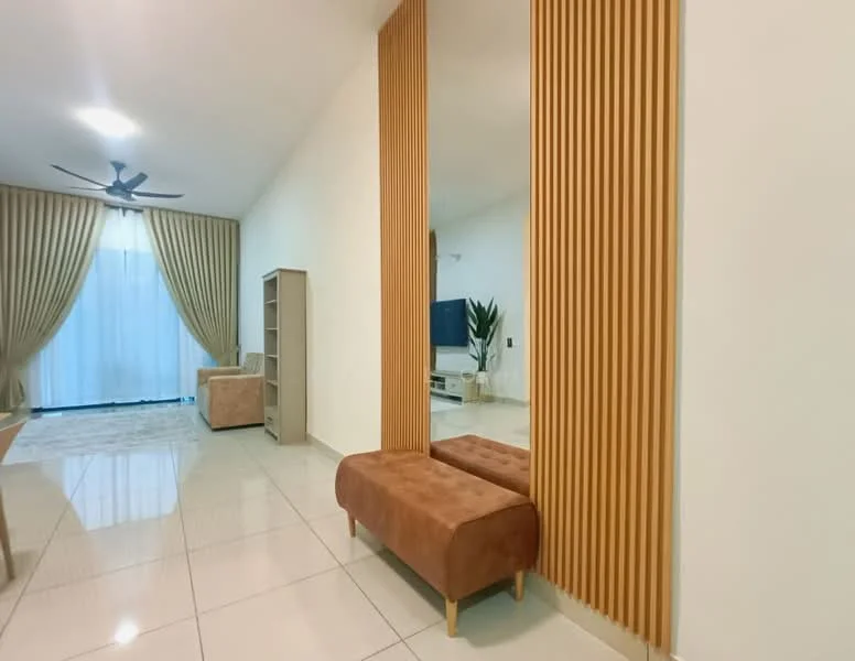 Living features: cream painted walls, wooden accent wall, large floor-to-ceiling windows, sheer curtains, 5-blade ceiling fan, glossy tile flooring, sofa, TV console, decorative plant, bench seating, open layout; style: modern; view: garden.