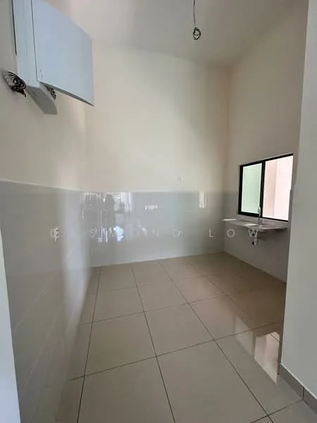 Laundry features: white painted walls, glossy ceramic tile flooring, window with black frame, sink with wall-mounted faucet, wall-mounted air conditioning unit, high ceiling, light fixture hanging from ceiling.