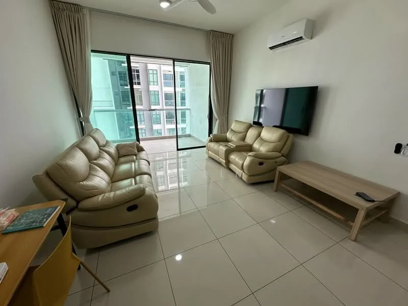 Living features: 2 beige leather recliner sofas, 1 light wood coffee table, wall-mounted flat-screen TV, floor-to-ceiling windows, sliding glass door, white painted walls, glossy ceramic tile flooring, ceiling fan, curtains, air conditioning unit; style: modern; view: city.