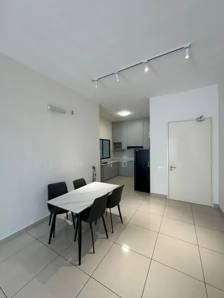 Dining features: white walls, tile flooring, 4-seater dining table, black dining chairs, recessed LED downlights, open layout to kitchen, kitchen cabinetry in grey, kitchen countertop, built-in appliances; style: modern.