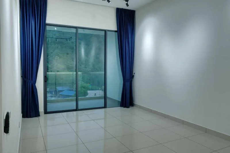 Room features: white painted walls, glossy tile flooring, floor-to-ceiling sliding glass door, blue curtains, recessed lighting, view of greenery; style: modern; view: garden.