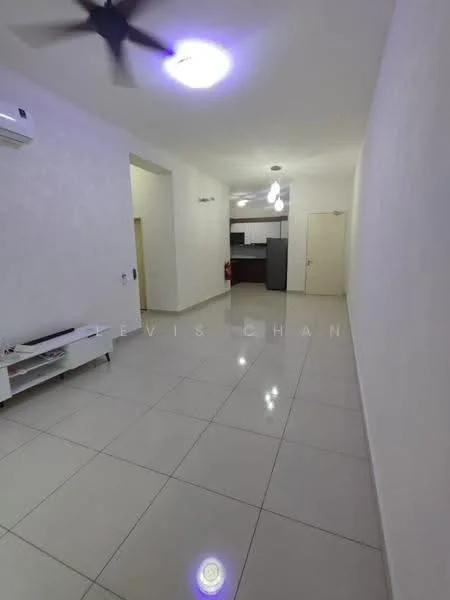 Living features: white painted walls, glossy ceramic tile flooring, recessed downlights, 5-blade ceiling fan, wall-mounted split AC, open layout, doorway leading to kitchen, neutral color scheme; style: modern.
