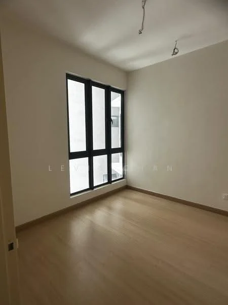 Room features: large window with black frame, light wood flooring, plain white walls, recessed ceiling lights, minimalist design, no visible furniture, neutral color palette; style: modern.