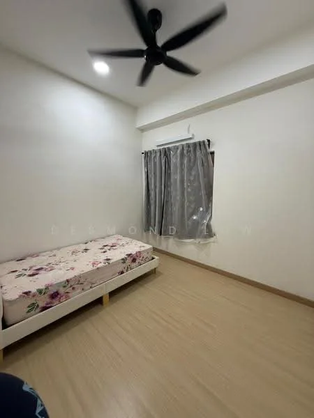 Bedroom features: single bed, floral bedspread, light wood flooring, white painted walls, ceiling fan, curtains with floral pattern, window with natural light, light fixture on ceiling; style: modern.