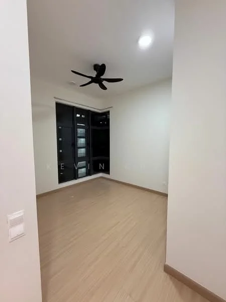 Room features: light wood laminate flooring, white painted walls, ceiling fan, large windows, black window frames, neutral color scheme, recessed ceiling lights; style: modern.