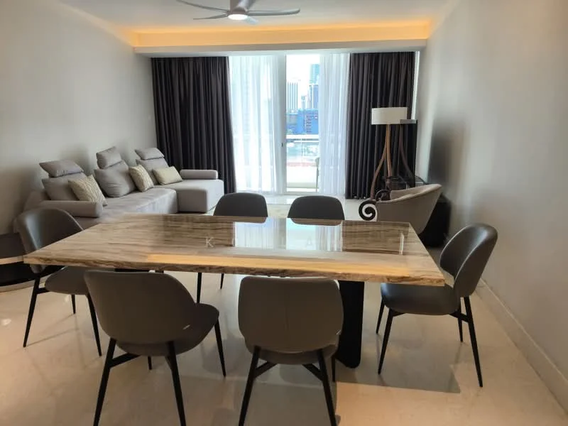 Dining features: marble dining table, 6 upholstered dining chairs, floor-to-ceiling windows, grey curtains, sofa with cushions, light fixture on side table, light-colored walls, recessed ceiling lighting; style: modern; view: city.