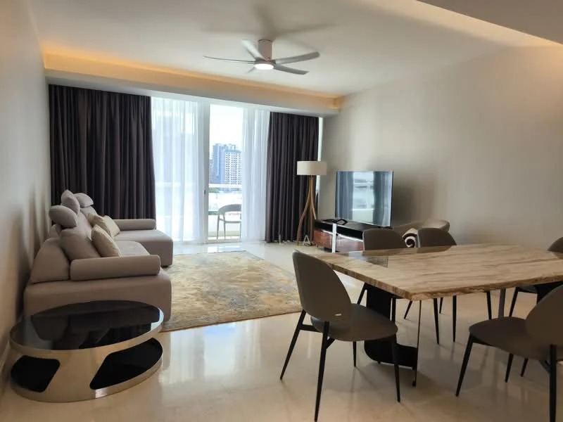 Living features: 3-seater fabric sofa in light grey, coffee table with circular black base, area rug with neutral tones, floor-to-ceiling windows, sheer curtains, recessed downlights, ceiling fan with light, TV console, wall-mounted TV, dining table with marble top, 4 upholstered dining chairs, decorative lamp; style: modern; view: city.
