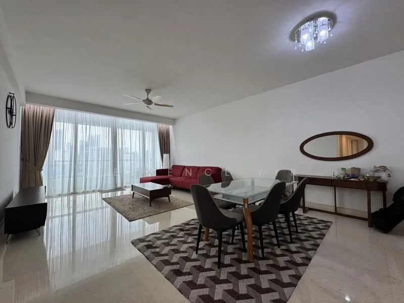Living features: large floor-to-ceiling windows, sheer curtains, 3-seater red fabric sofa, area rug with geometric pattern, glass dining table with wooden legs, 4 upholstered dining chairs, wooden console table, decorative mirror, ceiling fan with light, chandelier, polished marble flooring, wall-mounted TV unit, decorative wall clock; style: modern; view: city.