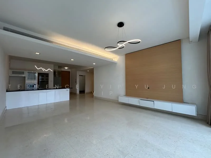 Living features: marble flooring, white painted walls, recessed downlights, modern pendant light, built-in cabinetry, large windows with natural light, open layout to kitchen, neutral color palette; style: modern. Kitchen features: white cabinetry, stainless-steel appliances, open kitchen layout, kitchen island, granite countertop; style: modern.